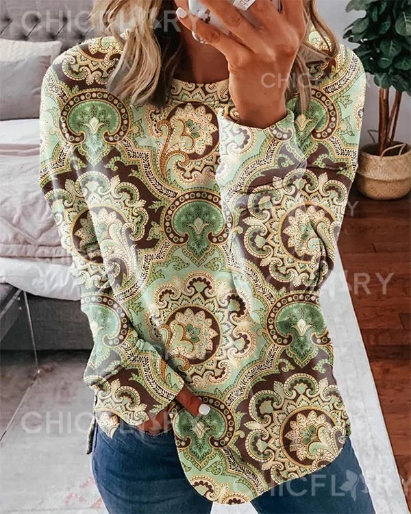 Round Neck Vintage Loose Print Sweatshirt