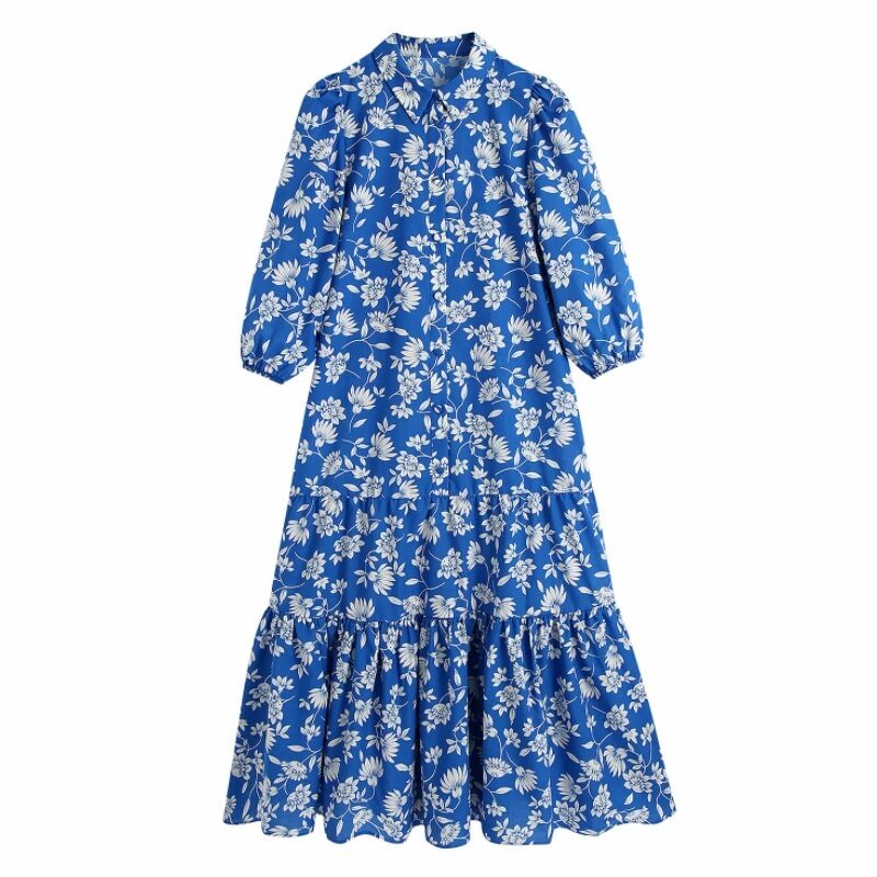 Summer Women Flower Printing Ruffled Hem Midi Shirt Dress Female Lantern Sleeve Clothes Casual Lady Loose Vestido D7618