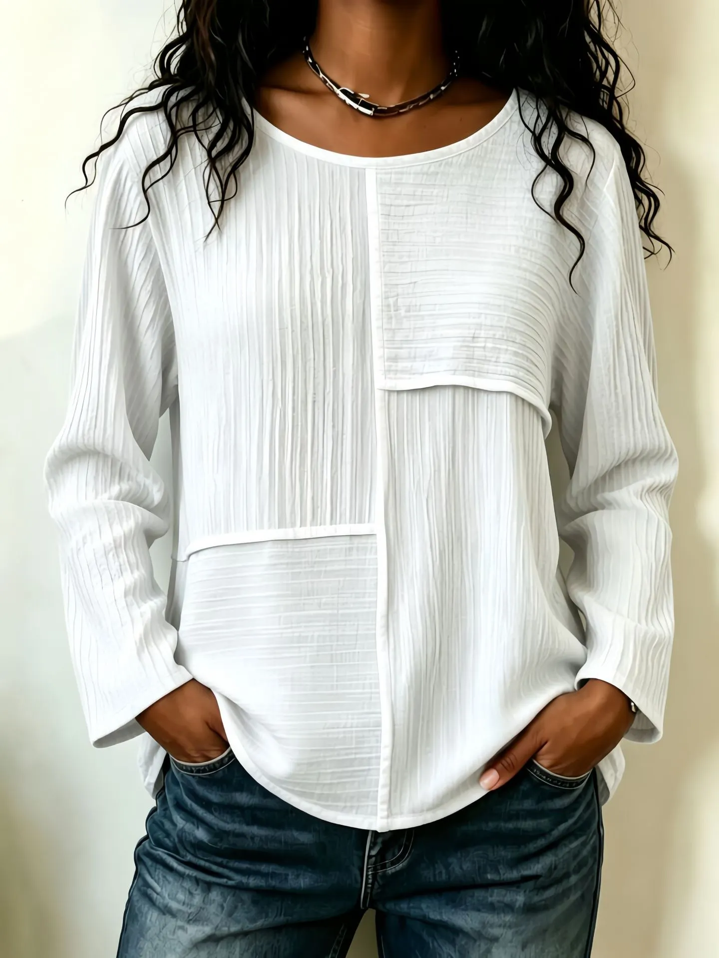 Women Textured Patchwork Long Sleeve Top