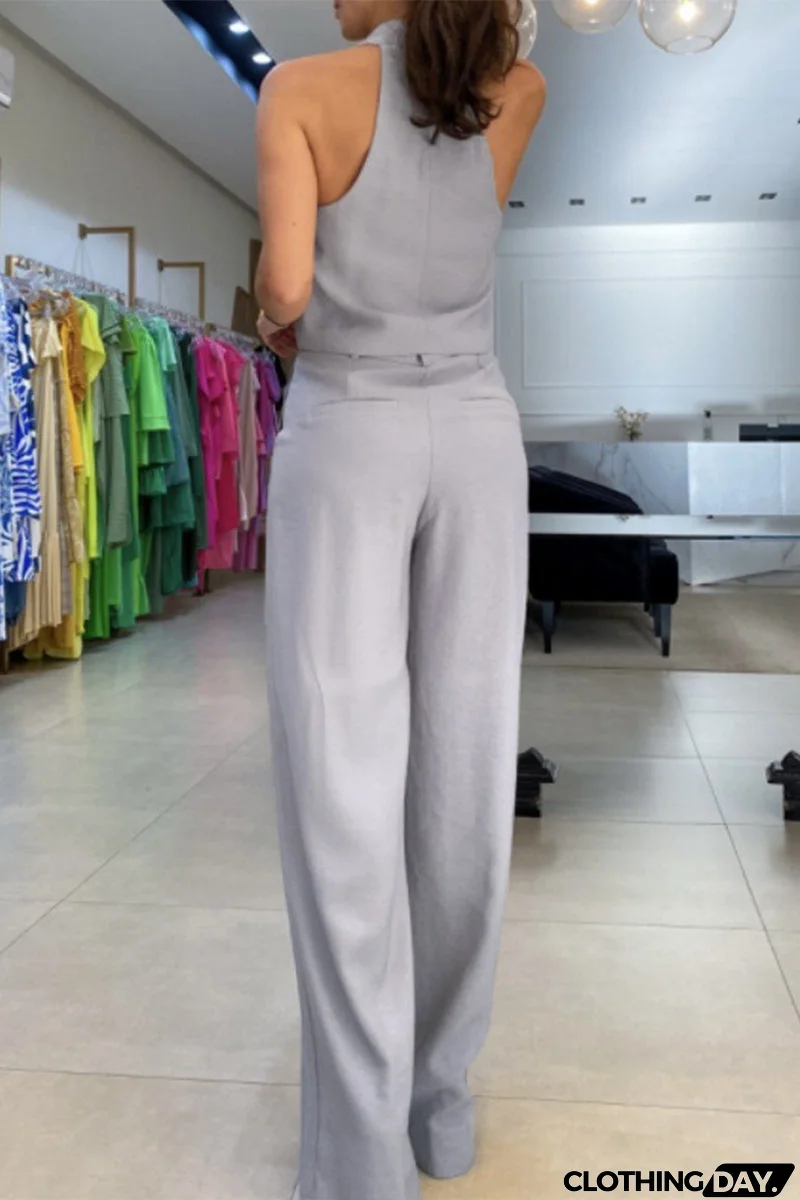 Casual British Style Solid Pocket Frenulum V Neck Sleeveless Two Pieces