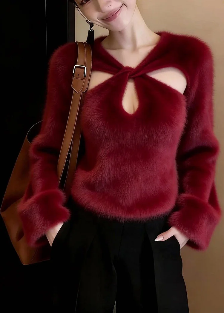 French Red Hollow Out Thick Mink Velvet Top Lantern Sleeve