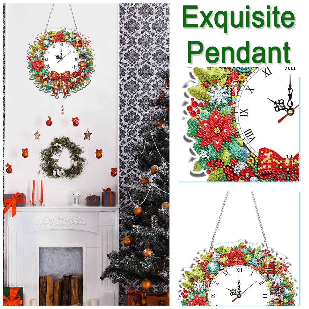 2D Flat DIY Christmas Wreath Acrylic Diamond Painting Clock Pendant Home Decor