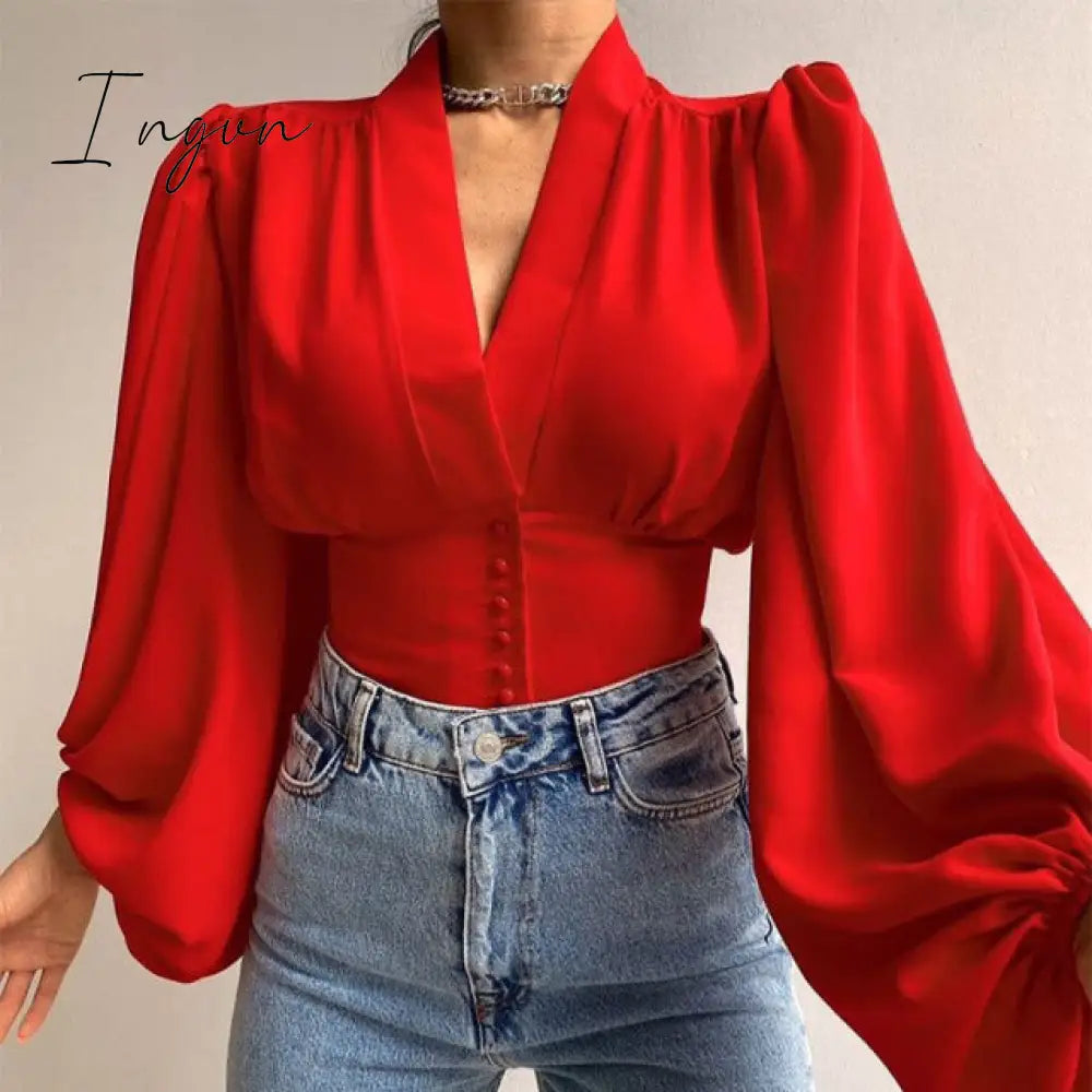 Ingvn - Spring Fashion Women Shirt Lantern Long Sleeves Casual Solid Color Printed Slim Buttons V