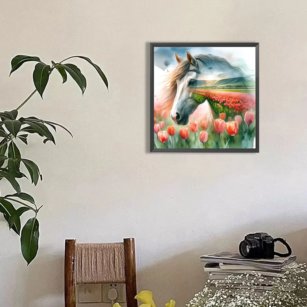 Diamond Painting - Full Round Drill - Tulip Horse Silhouettes(Canvas|30*30cm)