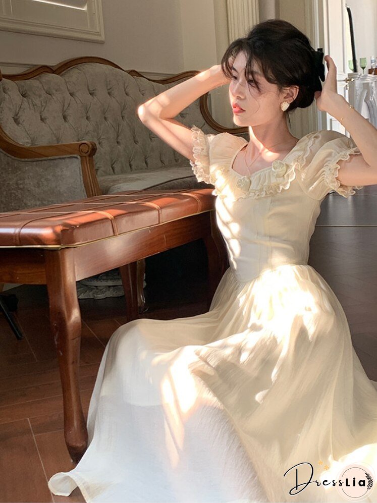 Joskka Rose Flower Elegant Vintage Dress Women Ruffles Lace Fairy Sweet Long Dress Female Bubble Sleeve Princess Designer Dress