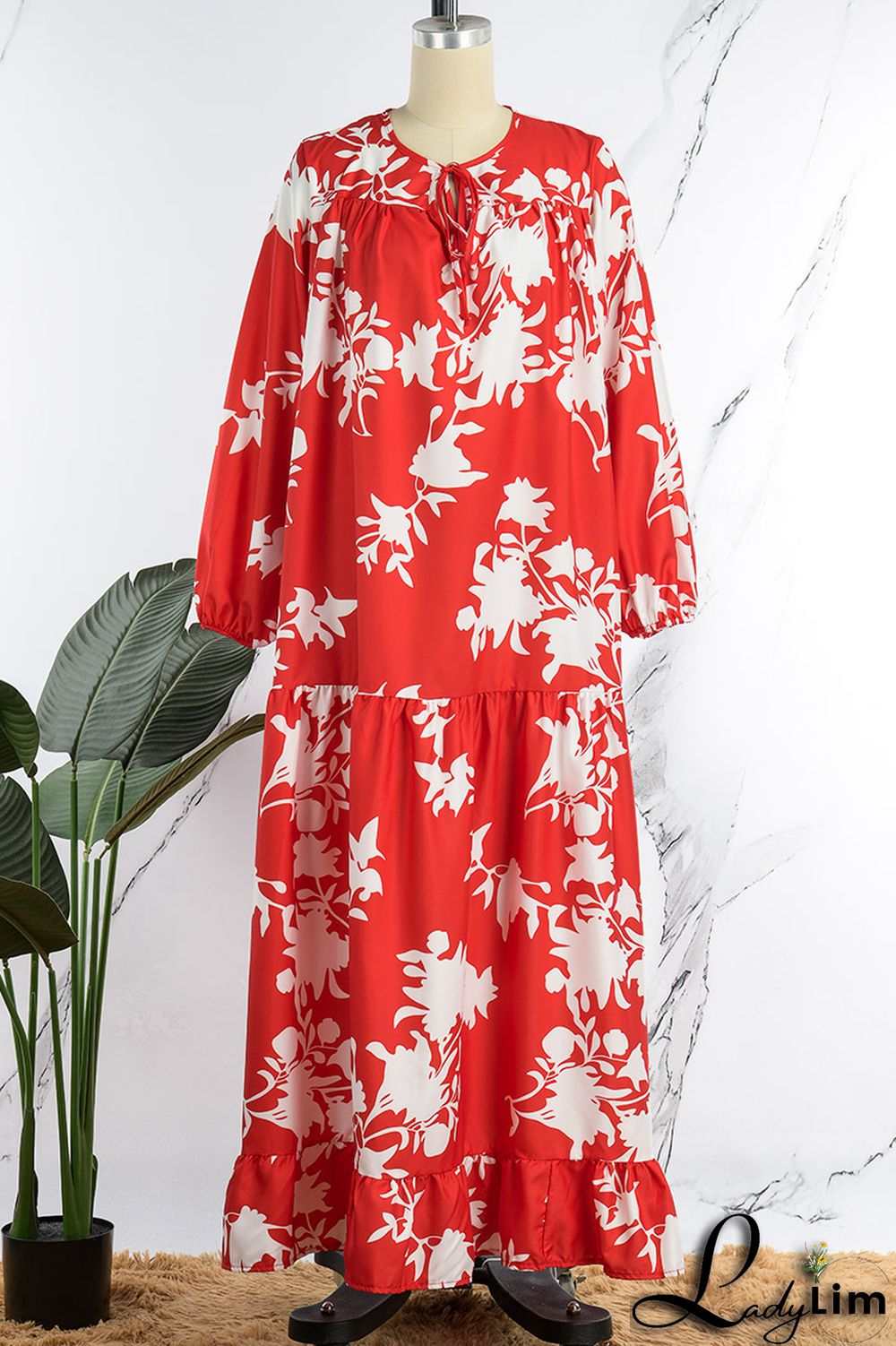 Red Casual Print Basic V Neck Long Sleeve Dresses