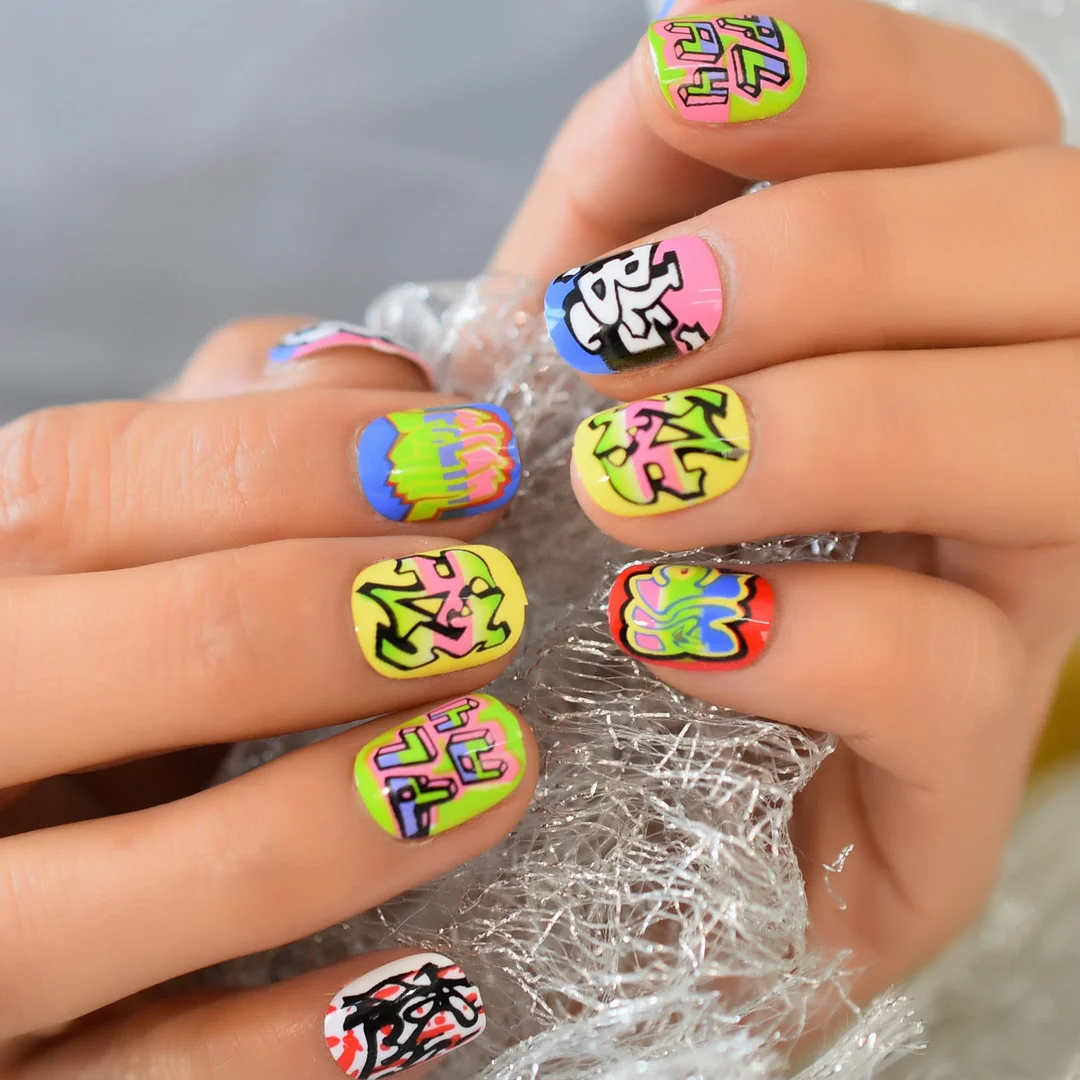 24pcs Press Fake Nail On Finger Tips Short Round Faux Ongles Yellow Blue False Nail With Designs Unas Postizas