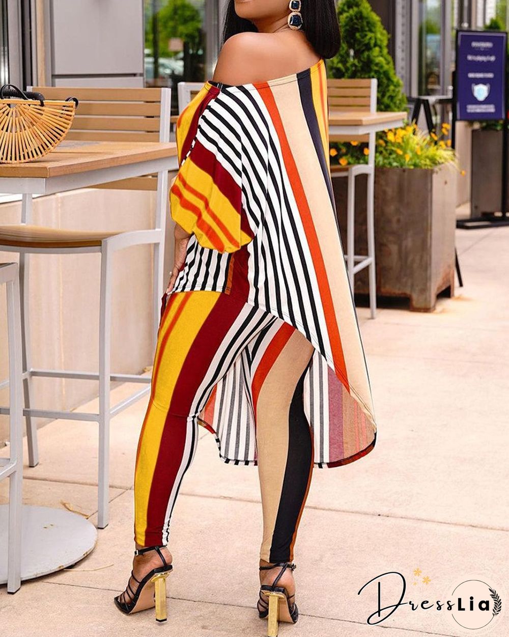 Color Block Striped Long Sleeve Blouse With Pants Suit Sets