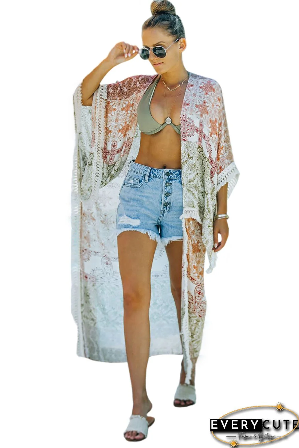 Multicolor Tribal Pattern Print Tassel Contrast Open Back Kimono