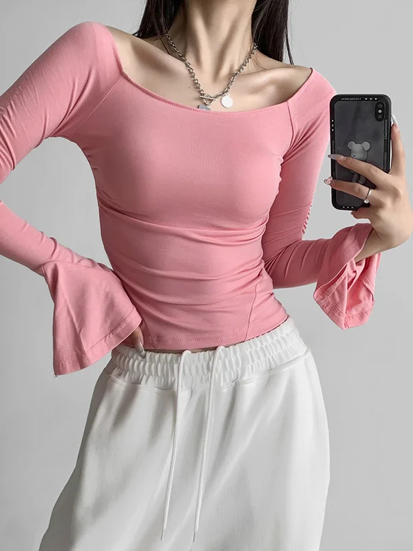 Flared Sleeves Long Sleeves Pleated Solid Color Boat Neck T-Shirts Tops