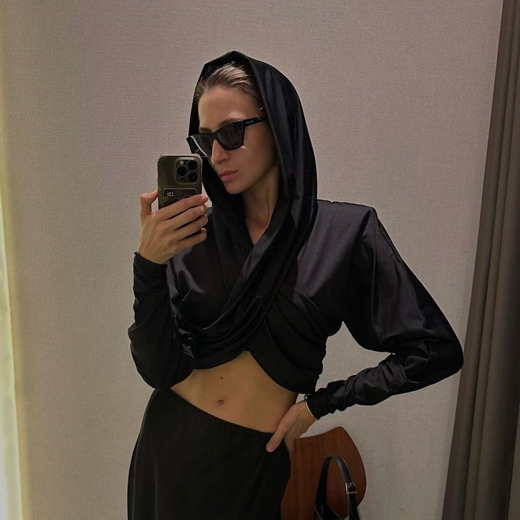 Ootddress Fashion Satin Hoodie Y2k Top For Women Long Sleeve Bandage Patchwork Solid Sexy Vintage Cropped Top Ladies Crop top Tee