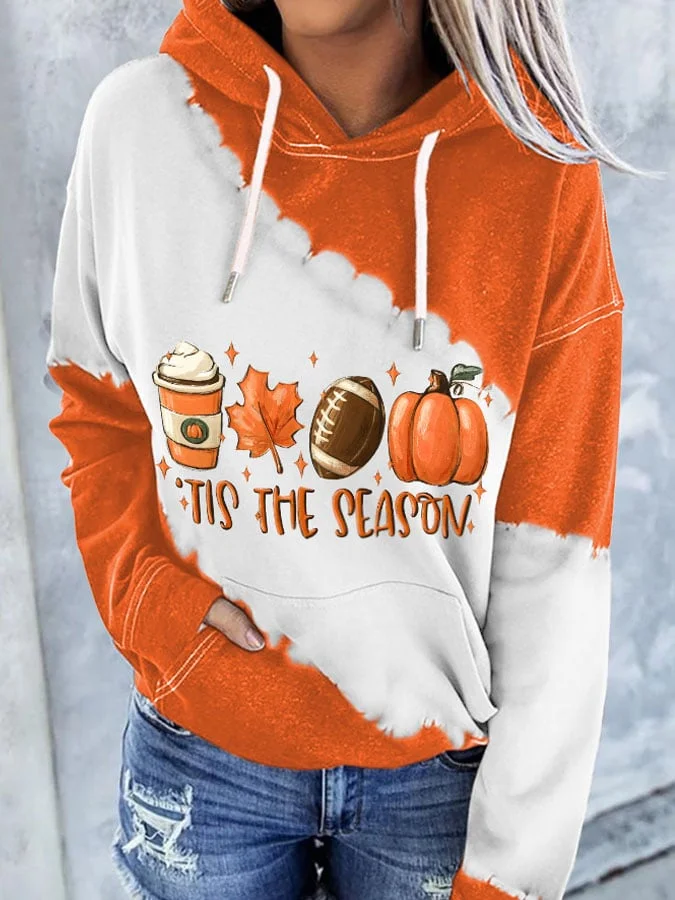 Retro Football Tis The Season Pumpkin Maple Leaf Print With Pocket Hoodie socialshop