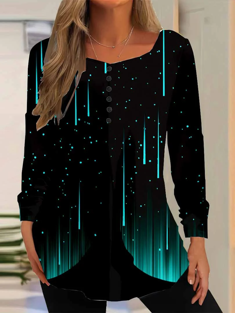 Women Striped,Green DZGG8354 Long Sleeve Scoop Neck Printed Graphic Button Fake 2in1 Tops