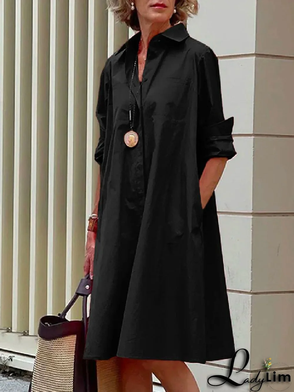 Simple Long Sleeves Solid Color Lapel Midi Dress