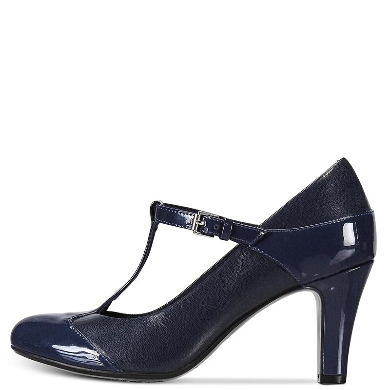 TAAFO Navy Blue T Strap Pumps High Block Heels Women Round Toe Ladies Office Mary Jane Shoes