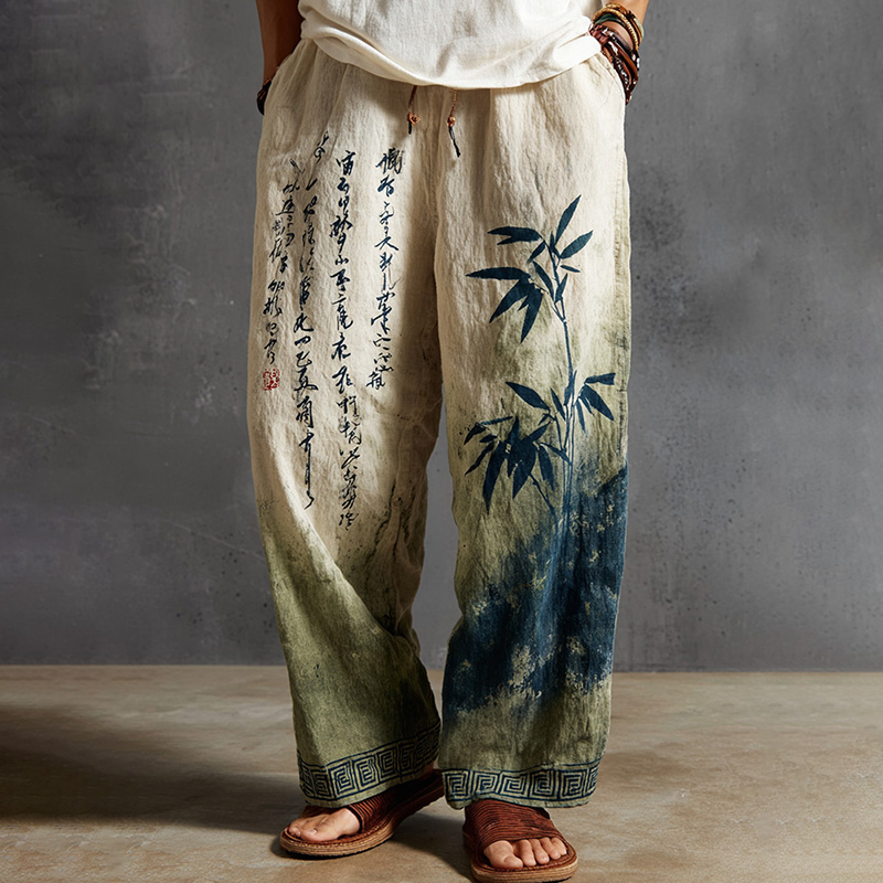 Men's  Retro Ancient Calligraphy And Bamboo Leaves Printed Art Linen Blend Pants elevenforest