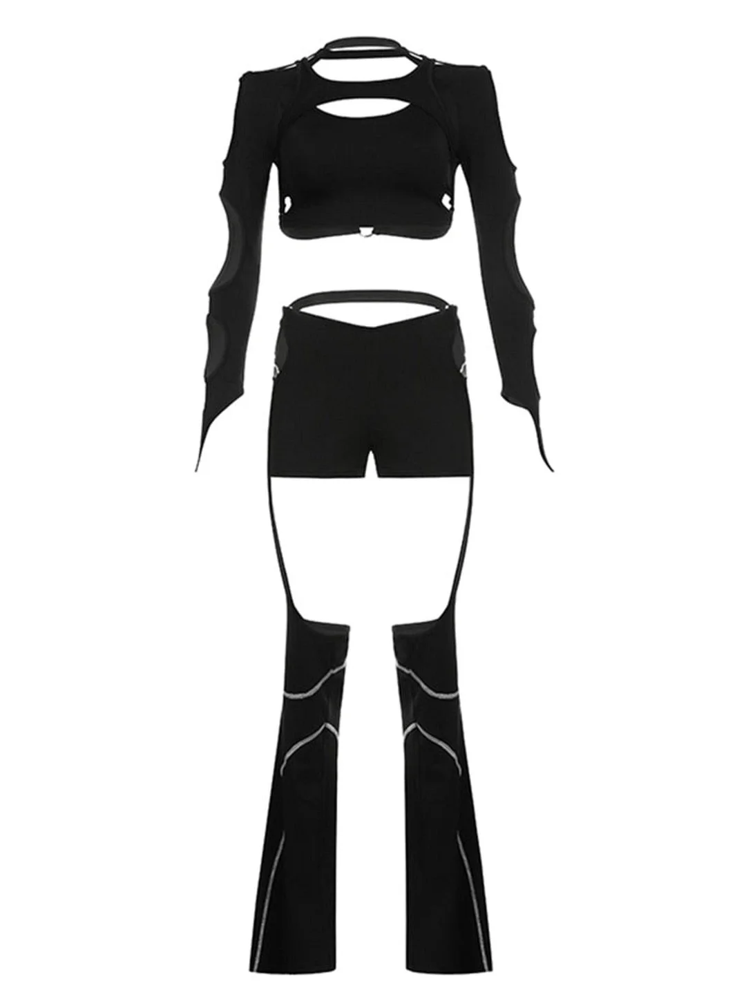 Hollow Out Crop Top and Flare Chaps Pants Two-Piece Set in Black