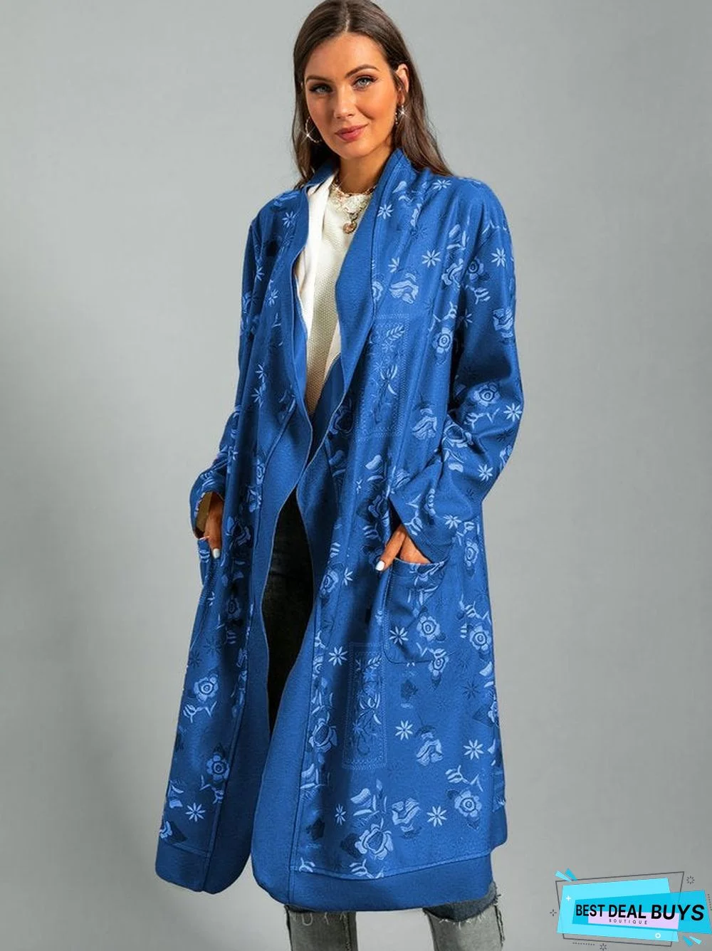 Tribal Long Sleeve Shift Shawl Collar Outerwear