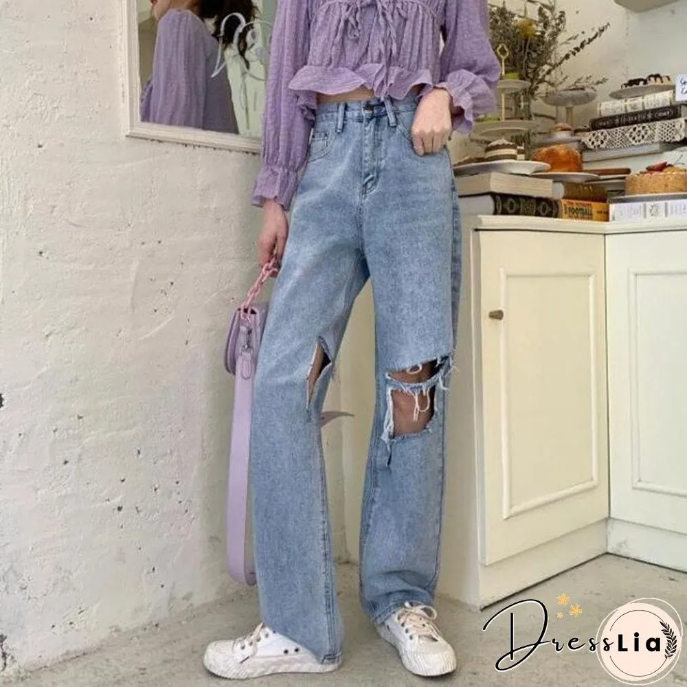 Ripped High Waist Jeans-Wide Leg, Distressed denim, streetwear style