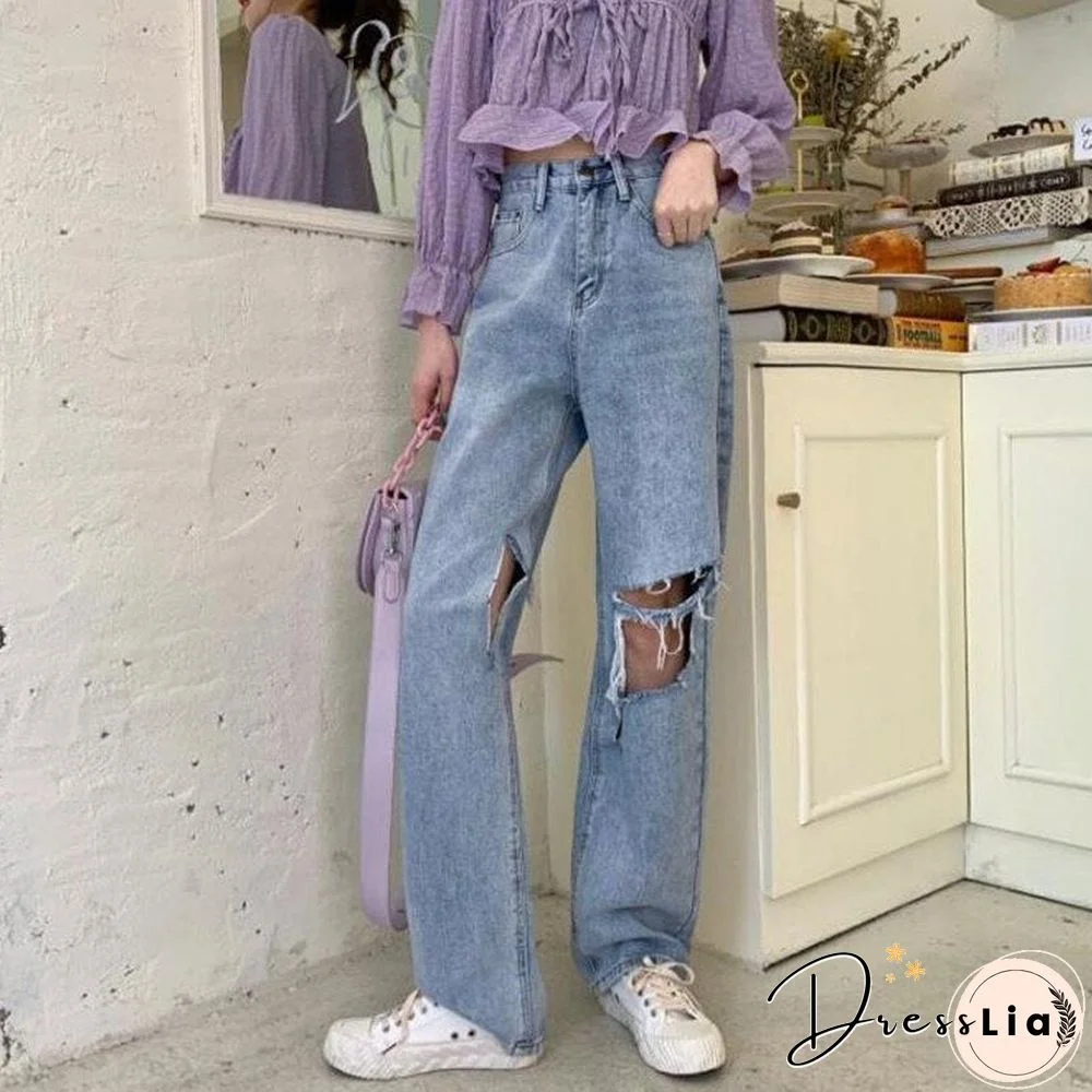 Woman Jeans Ripped High Waist Clothes Wide Leg Denim Clothing Streetwear Vintage Quality Fashion Harajuku Straight Pants