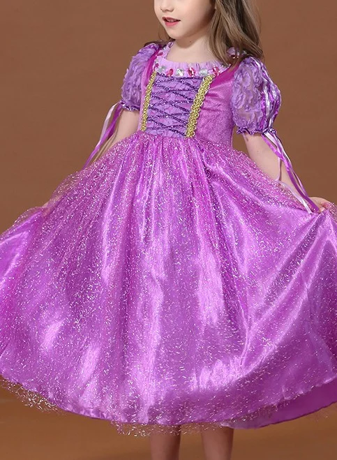 Girls' Short-sleeved Long Hair Princess Dress