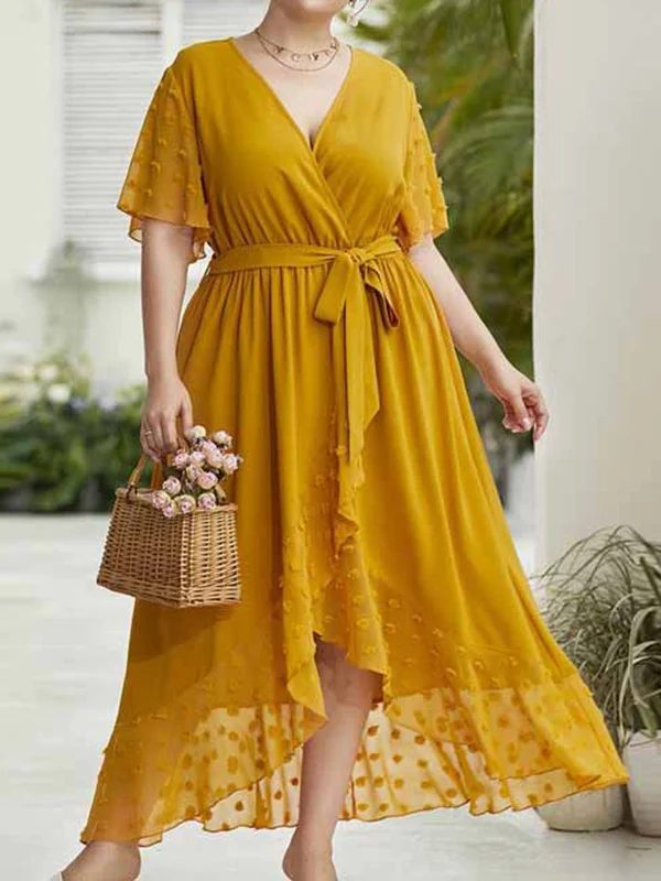 Solid Color Split-Joint Tied Waist High Waisted High-Low Deep V-Neck Maxi Dresses