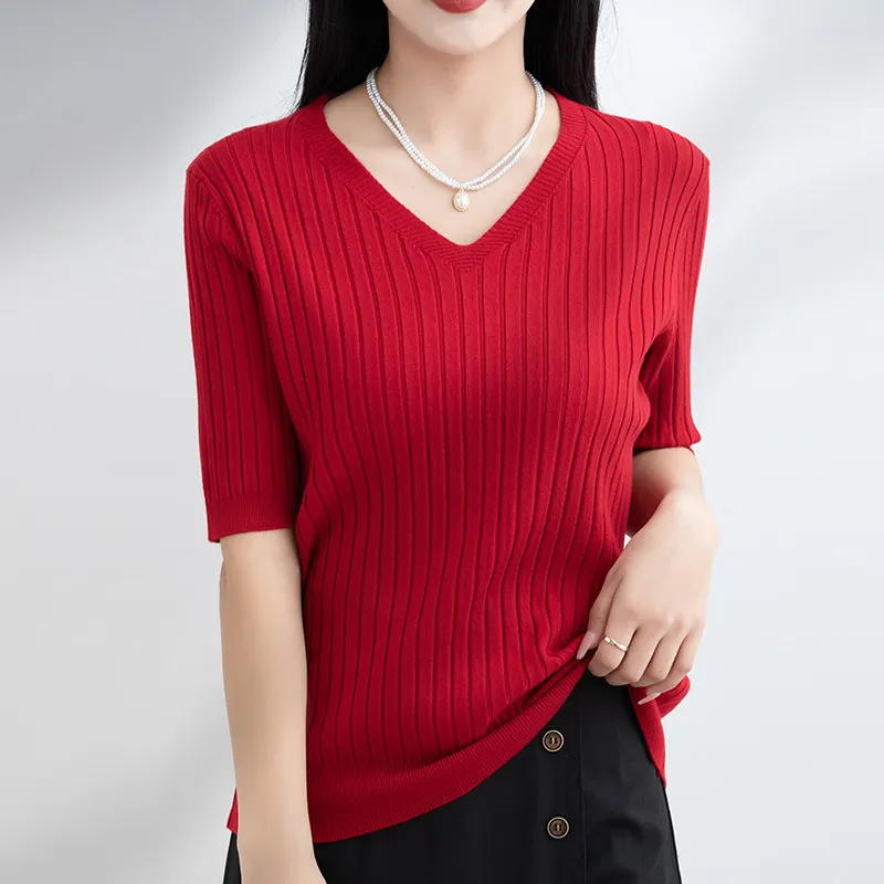 Churchf Churchf The Summer Of 2024, Women's Knit Short Sleeve Korean V-Neck Solid Color T-Shirt And A Pit Top
