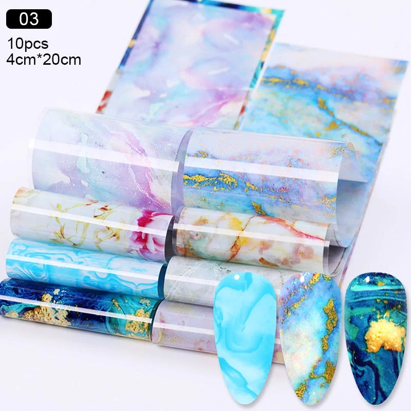 10Pcs/Bag Marble Nail Art Transfer Foil Sticker Flower French Tip Wraps Adhesive Decals Nails Decoration Manicures Accessories-Nail Inspo