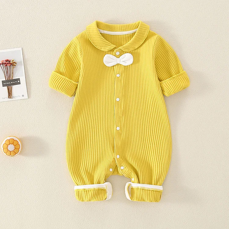 Baby Boy 3D Bow Tie Solid Color Button Up Long Sleeve Romper