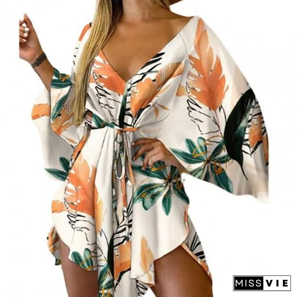 V-Neck Leaf Print Party Women Elegant Lace-Up Waist Casual Irregular Beach dress sexy