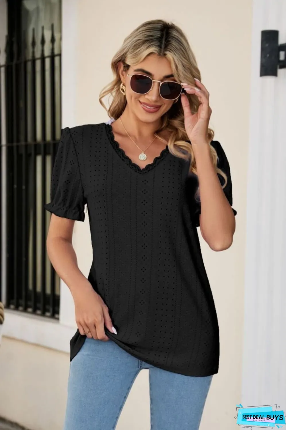 Eyelet Flounce Sleeve Scalloped V-Neck Top