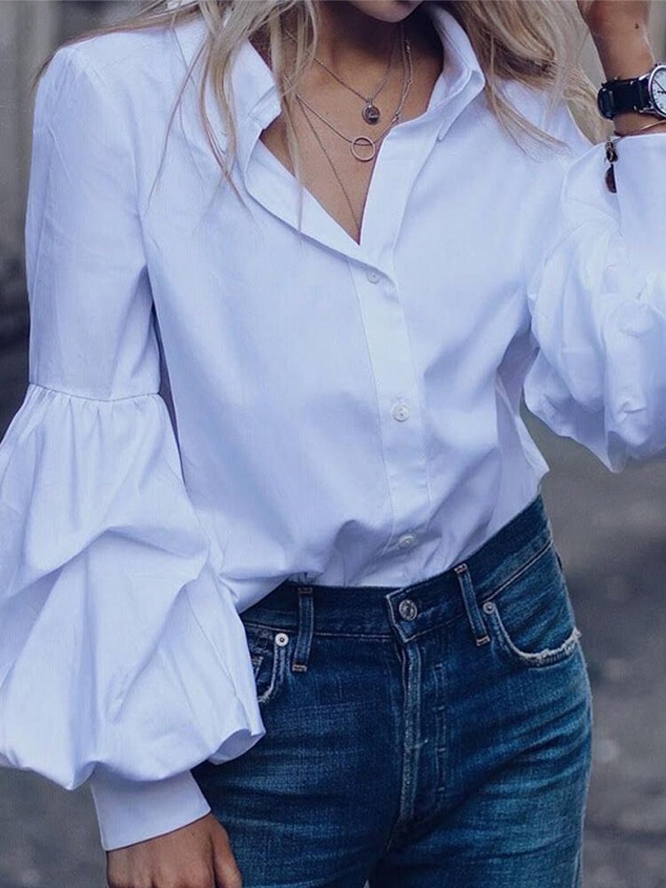 Solid Color Turn Down Collar Button Down Bishop Blouse - Shop Trendy Women's Clothing | LoverChic