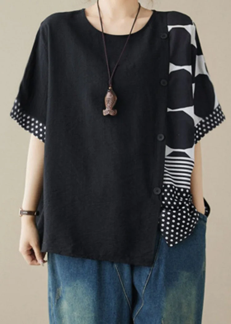 Casual Black O Neck Print Patchwork Cotton T Shirt Tops Summer