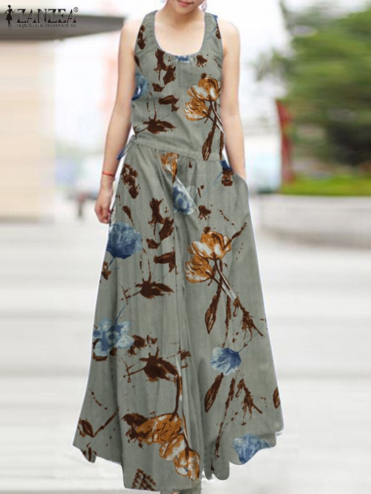 Flower Print Loose Swing Pocket Sleeveless Maxi Dress - Shop Trendy Women's Fashion | TeeYours