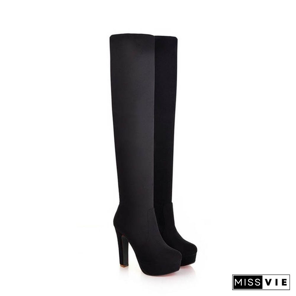 The New Autumn/winter Thigh-high Boots with Three Styles of Wear, Elastic and Matted Waterproof Platform, High-heel, Chunky-heel and Over-the-knee Boots Size 34-48