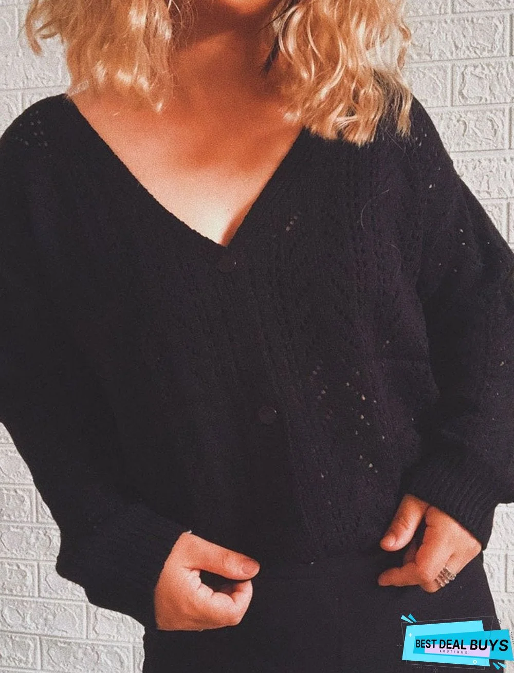 Knitted Solid Color V-Neck Long-Sleeved Sweater