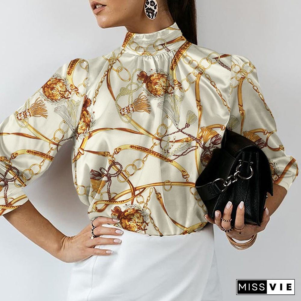 Women Long Sleeve High Collar Blouse Chain Printed Office Casual Elegant Shirt Ladies Tops Plus Size