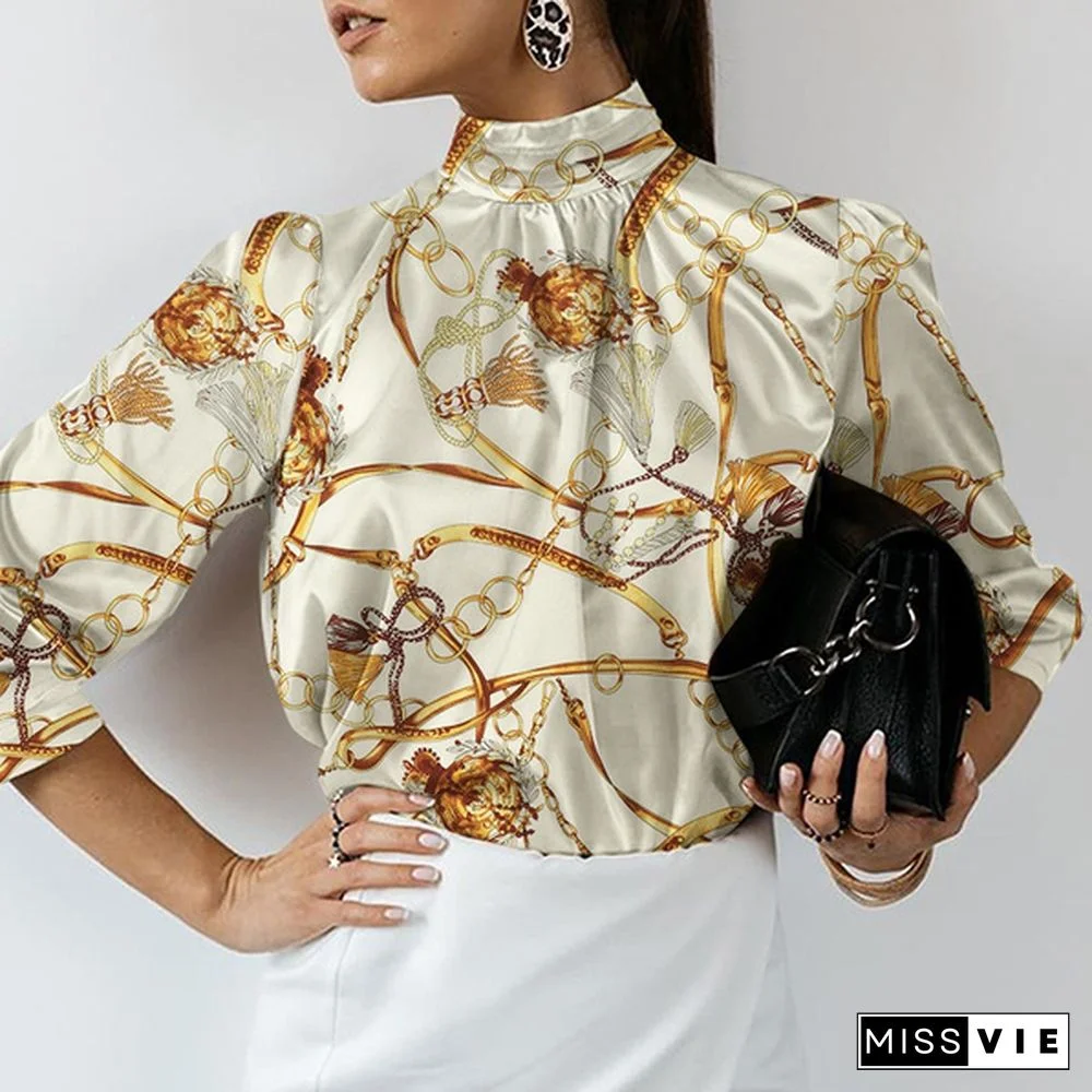 Women Long Sleeve High Collar Blouse Chain Printed Office Casual Elegant Shirt Ladies Tops Plus Size