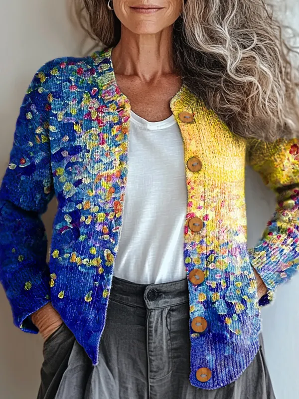 Women's Sun Art Abstraction Print Buttoned Cardigan Sweater