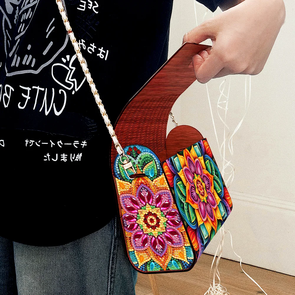 DIY Mandala Diamond Art Wooden Coin Pouch with Chain 5D Diamond Painting Purse