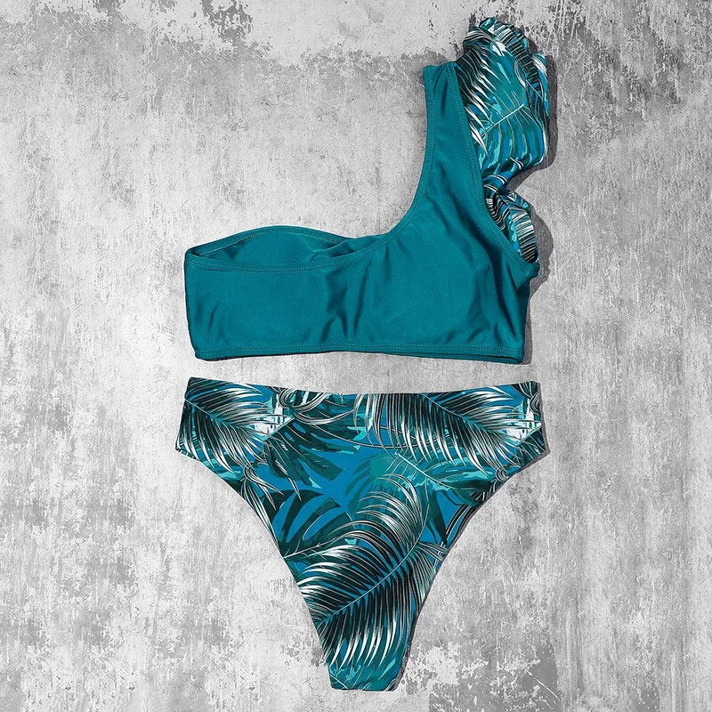 ZTVitality Ruffles One Shoulder Sexy Bikinis 2020 New Arrival Padded Leaves Swimsuit High Waist Swimwear Women Brazilian Bikini