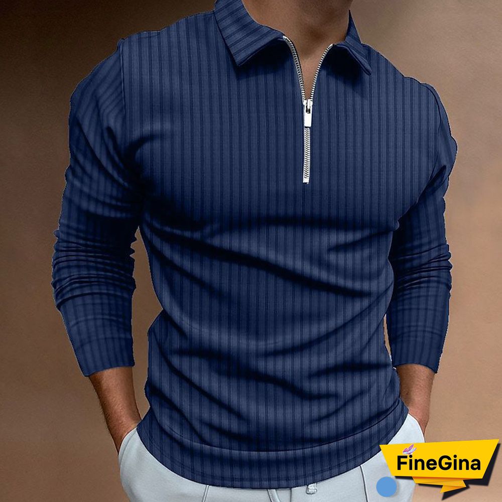 Brown Men's Waffle Solid Color Collar Patchwork Long Sleeve Zipper Shirt