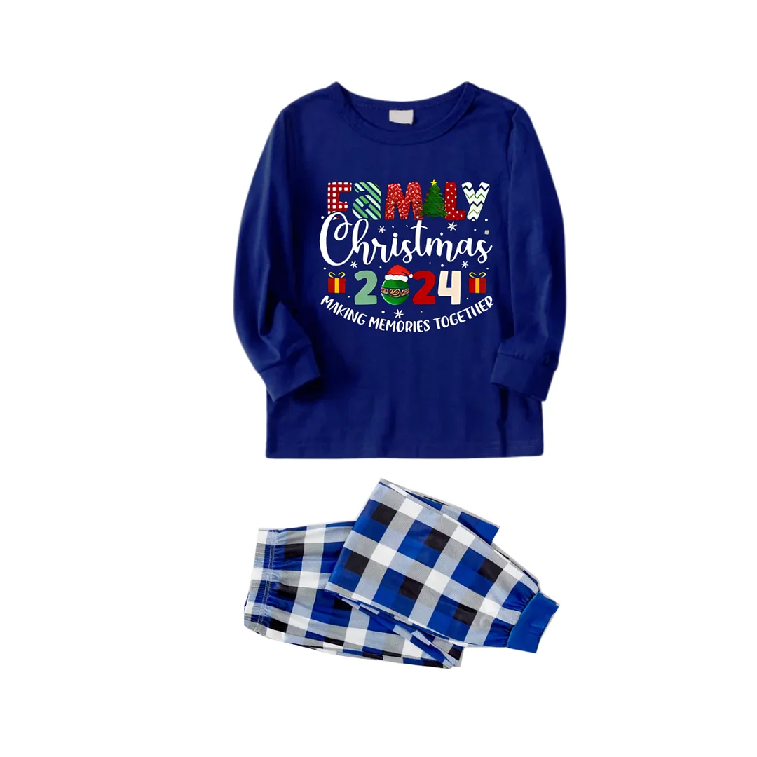 "Family Christmas 2024 Making Memories Together" Cute Text Printed Blue and White Plaid Family Matching Pajamas