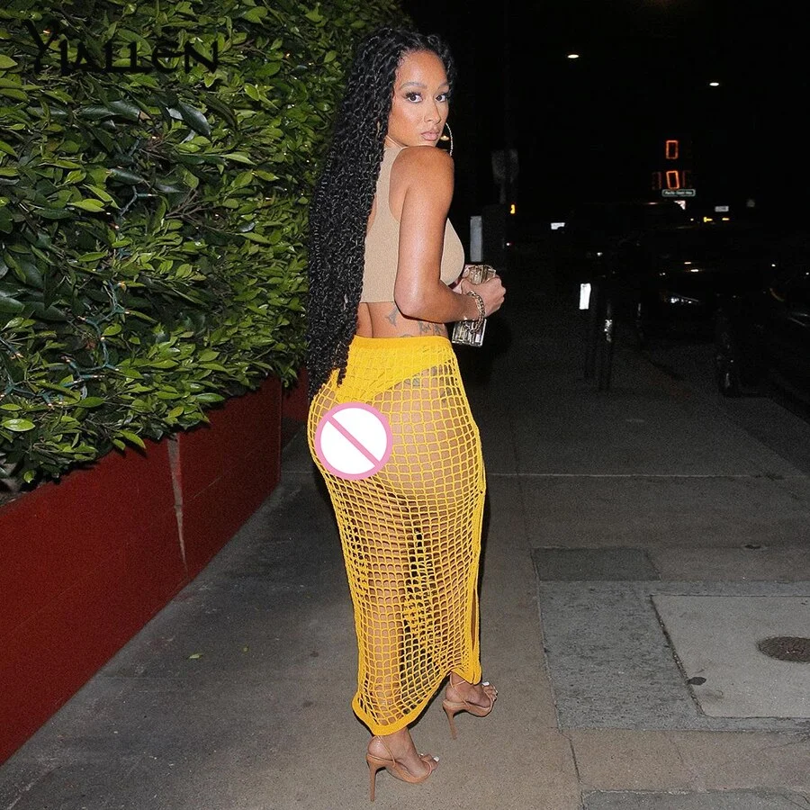Yiallen Summer Yellow Openwork weaving Long Skirt 2021 New Women Sexy Chic Maxi Skirt Casual Streetwear Club Party Y2k Outfits