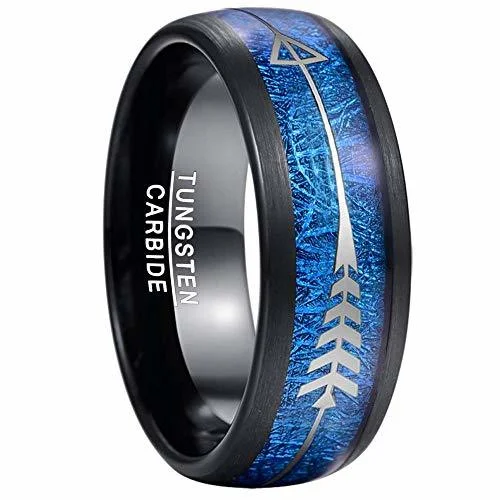 Women's Or Men's Tungsten Carbide Wedding Band Matching Rings,Black Tone Ring with Cupid's Arrow over Blue Inspired Meteorite Inlay,Tungsten Carbide Domed Top Ring With Mens And Womens Rings For 4MM 6MM 8MM 10MM