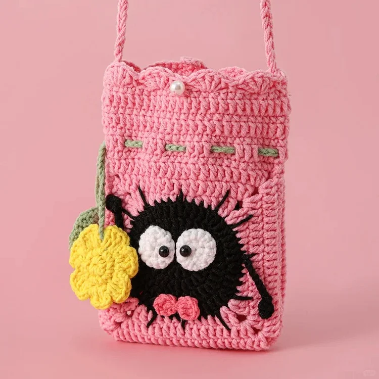 Lulusnow Handmade Pink Googly Eye  Crochet Crossbody Bag Phone Bag