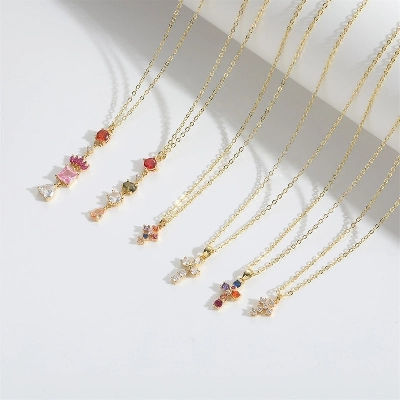 Copper 14K Gold Plated Inlay Cross Zircon Copper Necklaces