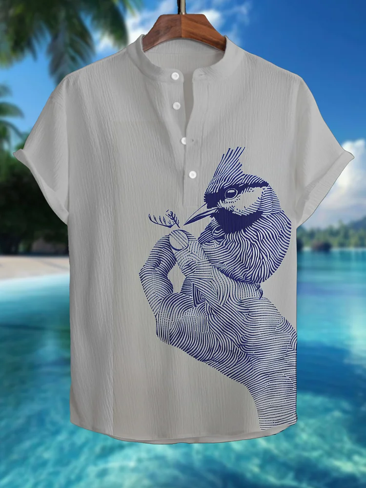 Men's Line Bird Art Painting Print Half Button Shirt