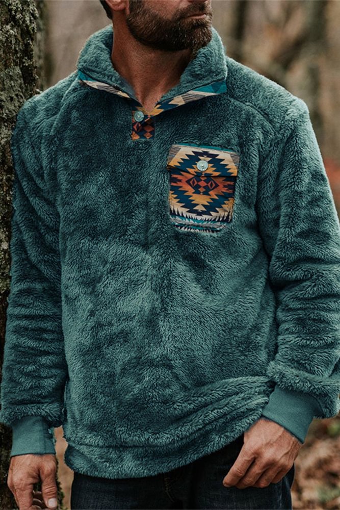 Tiboyz Men's Aztec Patchwork Pocket Fleece Pullover