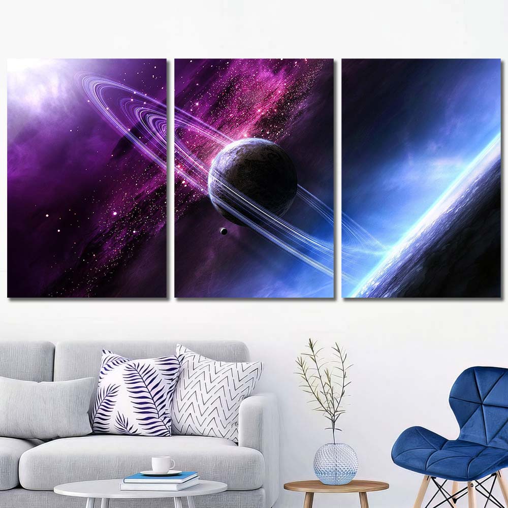 HD Picture Decorative Framed Wall Space Galaxy Planet Planetary Rings Purple Stars Nebula Digital Art Ready To Hang For Room